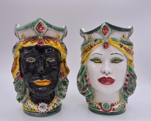 Teste di moro modello gioiello decoro seicento verde e giallo Produzione artigianale di Caltagirone h.15cm