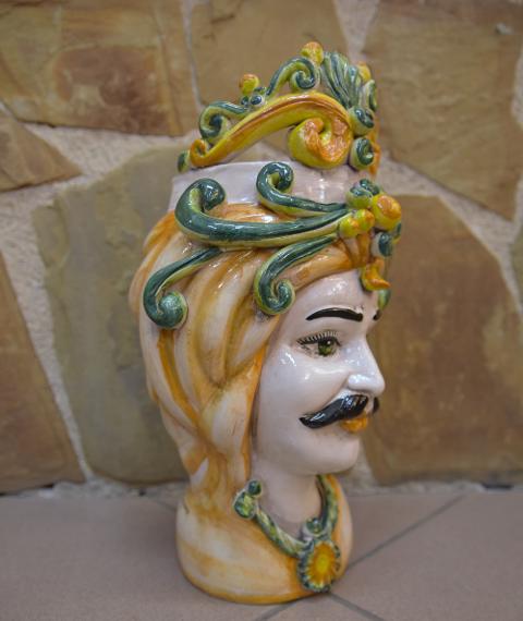 Coppia Teste di moro con corona decorate Produzione artigianale di Caltagirone h.30cm