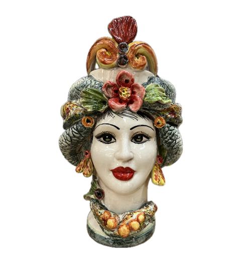 Coppia Teste di Moro con corona e turbante decorate Produzione artigianale di Caltagirone H 30cm