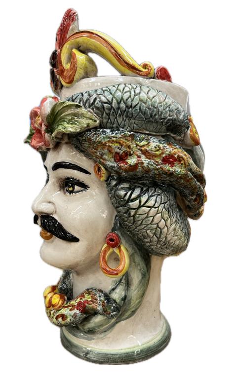 Coppia Teste di Moro con corona e turbante decorate Produzione artigianale di Caltagirone H 30cm