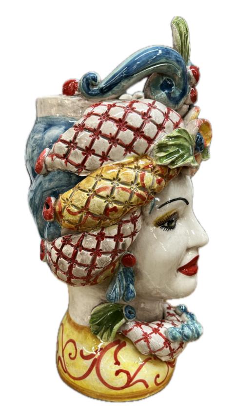 Coppia Teste di Moro con corona e turbante decorate Produzione artigianale di Caltagirone H 30cm