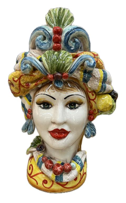 Teste di Moro decorate con corona, turbante e limoni Produzione artigianale di Caltagirone H 30cm