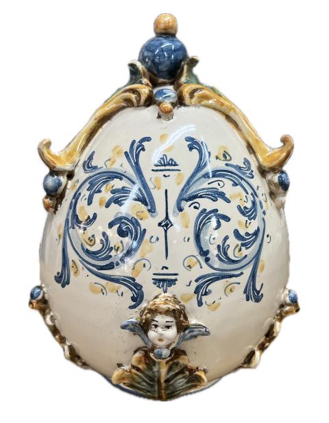 Uovo decoro plastico arancione e blu in ceramica siciliana Produzione artigianale di Caltagirone h.22cm