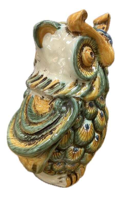 Civetta decorata in ceramica verde e arancione Produzione artigianale di Caltagirone H 15cm