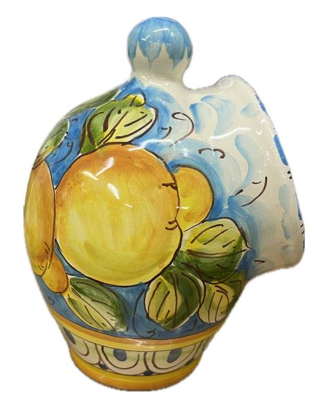 Saliera a salvadanaio in ceramica siciliana con limoni decoro azzurro Produzione artigianale Santo Stefano di Camastra h.20cm