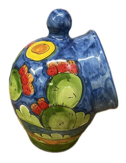 Saliera a salvadanaio in ceramica siciliana con fichi d'india decoro naif Produzione artigianale Santo Stefano di Camastra H 20cm