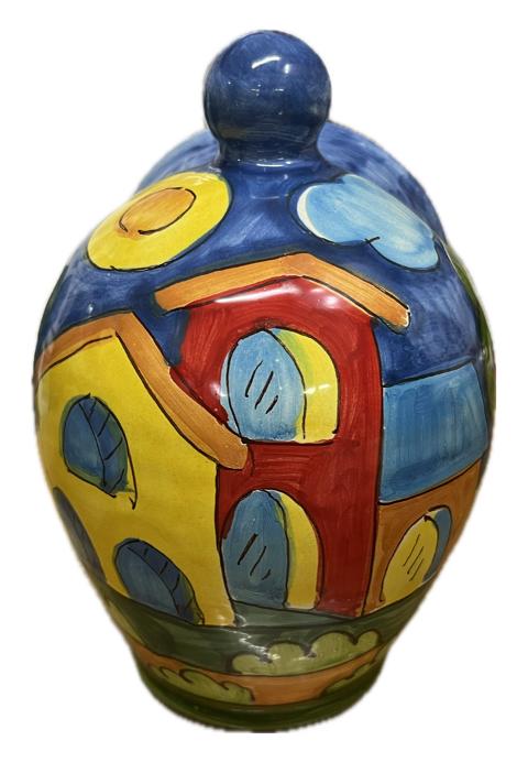 Saliera a salvadanaio in ceramica siciliana decoro naif con case Produzione artigianale Santo Stefano di Camastra h.20cm