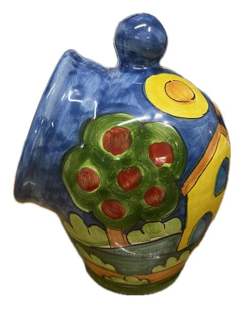 Saliera a salvadanaio in ceramica siciliana decoro naif con case Produzione artigianale Santo Stefano di Camastra h.20cm