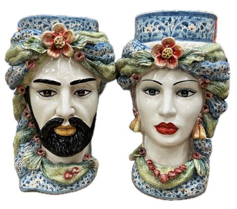 Coppia Teste di Moro decorate con fiori Produzione artigianale di Caltagirone H 40cm
