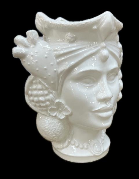 Coppia Teste di Moro moderne bianche con frutta Produzione artigianale di Caltagirone H 15cm