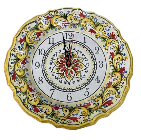 Orologio da parete in ceramica smerlato decoro siciliano Produzione artigianale di Santo Stefano di Camastra diametro 30cm