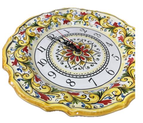Orologio da parete in ceramica smerlato decoro siciliano Produzione artigianale di Santo Stefano di Camastra Diametro 30cm