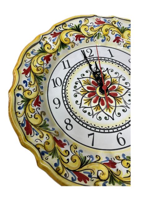 Orologio da parete in ceramica smerlato decoro siciliano Produzione artigianale di Santo Stefano di Camastra Diametro 30cm