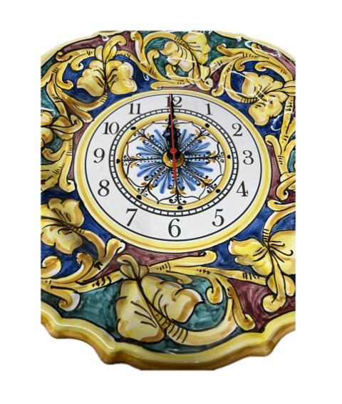 Orologio da parete in ceramica smerlato decoro barocco Produzione artigianale di Santo Stefano di Camastra diametro 36cm