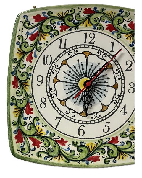 Orologio da parete in ceramica quadrato decoro siciliano Produzione artigianale di Santo Stefano di Camastra lunghezza 25cm