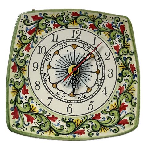 Orologio da parete in ceramica quadrato decoro siciliano Produzione artigianale di Santo Stefano di Camastra lunghezza 25cm