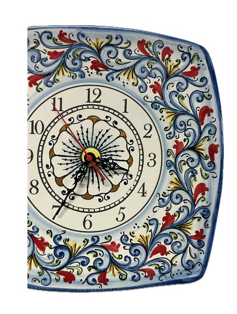 Orologio da parete in ceramica quadrato decoro siciliano Produzione artigianale di Santo Stefano di Camastra lunghezza 25cm