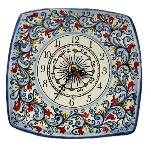 Orologio da parete in ceramica quadrato decoro siciliano Produzione artigianale di Santo Stefano di Camastra lunghezza 25cm