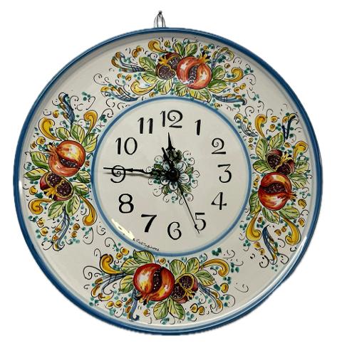 Orologio da parete in ceramica rotondo con melograni dipinto a mano Produzione artigianale di Caltagirone diametro 45cm