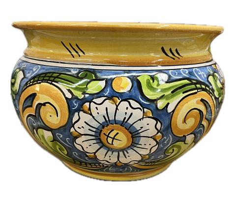 Portavaso cachepot decoro con margherite fondo verde in ceramica siciliana Produzione artigianale di Caltagirone Diametro 20cm