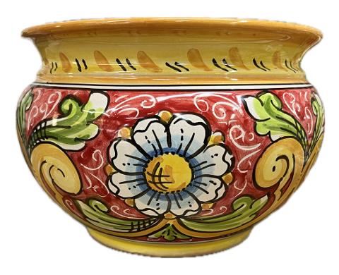 Portavaso cachepot decoro margherite fondo rosso in ceramica Produzione artigianale di Caltagirone diametro 20cm