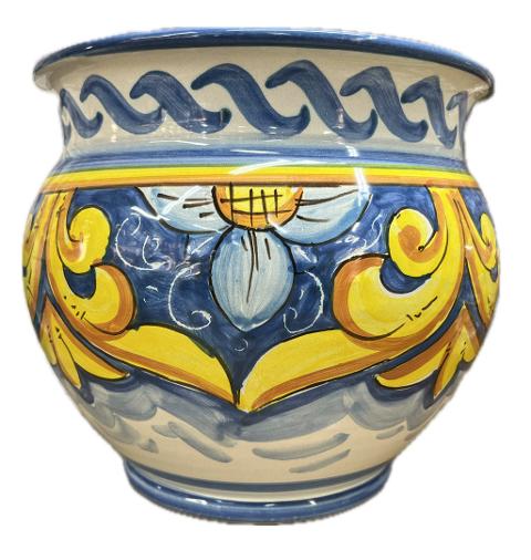 Portavaso cachepot decoro ornato con margherite fondo blu in ceramica siciliana Produzione artigianale Santo Stefano di Camastra Diametro 20cm