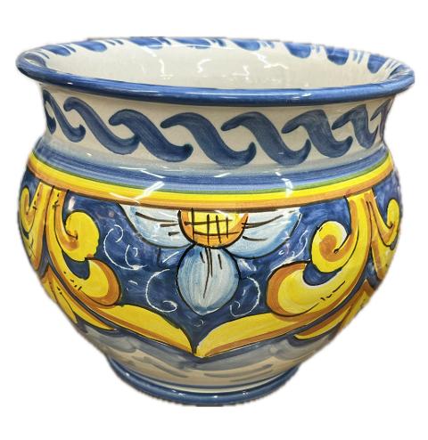 Portavaso cachepot decoro ornato con margherite fondo blu in ceramica siciliana Produzione artigianale Santo Stefano di Camastra Diametro 20cm