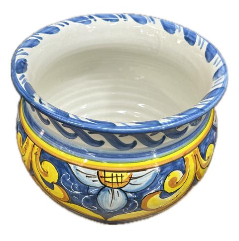 Portavaso cachepot decoro ornato con margherite fondo blu in ceramica siciliana Produzione artigianale Santo Stefano di Camastra Diametro 20cm