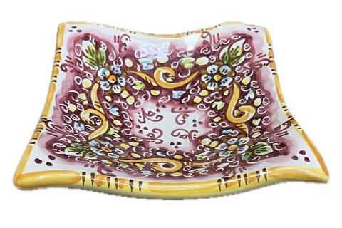 Svuota tasche/Porta caramelle decoro floreale bordeaux Produzione artigianale di Caltagirone 21 x 21