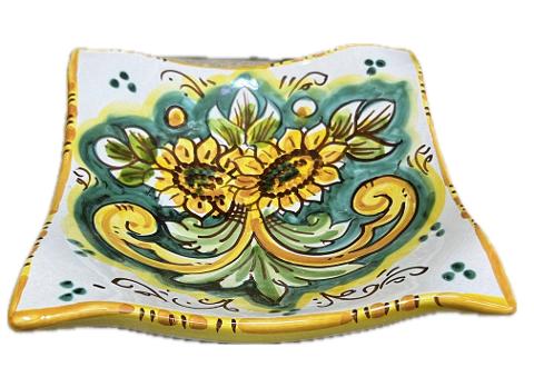 Svuota tasche/Porta caramelle con girasoli in ceramica siciliana fondo verde Produzione artigianale di Caltagirone 21 x 21