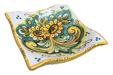 Svuota tasche/Porta caramelle con girasoli in ceramica siciliana fondo verde Produzione artigianale di Caltagirone 21 x 21