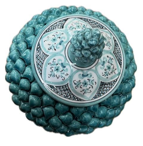 Biscottiera pigna decorata verde tiffany Produzione artigianale di Caltagirone H 20cm