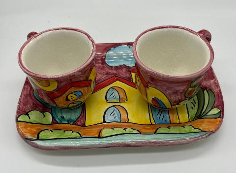 Tet a Tet servizio da caffè, due tazzine e vassoio in ceramica Produzione artigianale Santo Stefano di Camastra Lunghezza 19cm