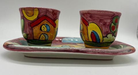 Tet a Tet servizio da caffè, due tazzine e vassoio in ceramica Produzione artigianale Santo Stefano di Camastra Lunghezza 19cm