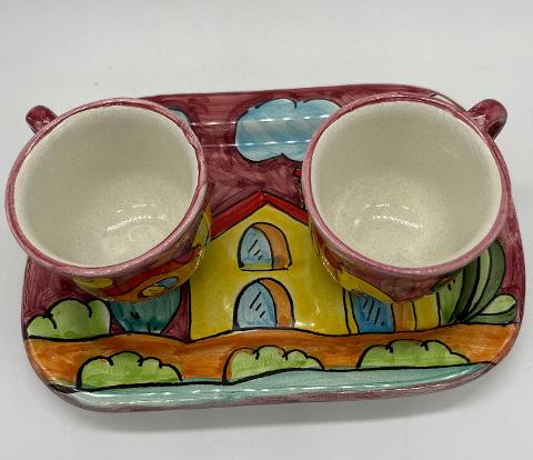 Tet a Tet servizio da caffè, due tazzine e vassoio in ceramica Produzione artigianale Santo Stefano di Camastra Lunghezza 19cm