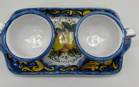 Tet a Tet servizio da caffè, due tazzine e vassoio in ceramica Produzione artigianale Santo Stefano di Camastra Larghezza 20cm