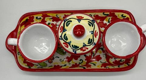 Tet a Tet servizio da caffè, due tazzine, zuccheriera, e vassoio in ceramica Produzione artigianale Santo Stefano di Camastra Lunghezza 27cm