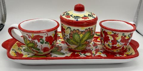 Tet a Tet servizio da caffè, due tazzine, zuccheriera, e vassoio in ceramica Produzione artigianale Santo Stefano di Camastra Lunghezza 27cm