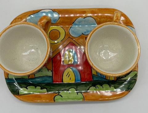 Tet a Tet servizio da caffè, due tazzine e vassoio in ceramica Produzione artigianale Santo Stefano di Camastra Lunghezza 19cm