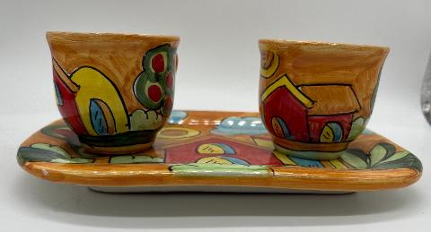 Tet a Tet servizio da caffè, due tazzine e vassoio in ceramica Produzione artigianale Santo Stefano di Camastra Lunghezza 19cm
