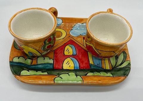 Tet a Tet servizio da caffè, due tazzine e vassoio in ceramica Produzione artigianale Santo Stefano di Camastra Lunghezza 19cm