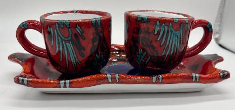 Tet a Tet servizio da caffè, due tazzine e vassoio in ceramica Produzione artigianale Santo Stefano di Camastra Lunghezza 19cm