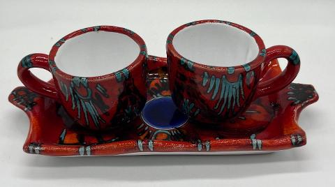 Tet a Tet servizio da caffè, due tazzine e vassoio in ceramica Produzione artigianale Santo Stefano di Camastra Lunghezza 19cm
