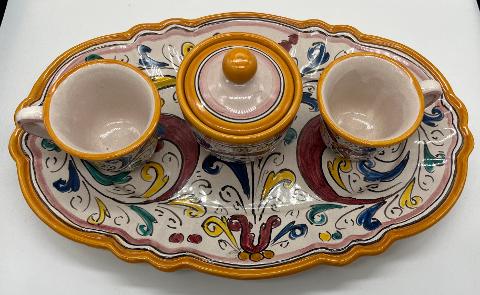 Tet a Tet servizio da caffè, due tazzine, zuccheriera e vassoio in ceramica Produzione artigianale di Caltagirone Lunghezza 30cm