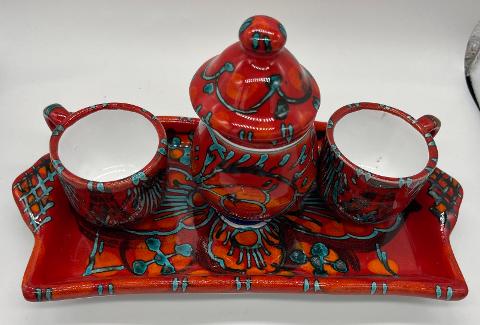 Tet a Tet servizio da caffè, due tazzine, zuccheriera e vassoio in ceramica Produzione artigianale Santo Stefano di Camastra Lunghezza 27cm