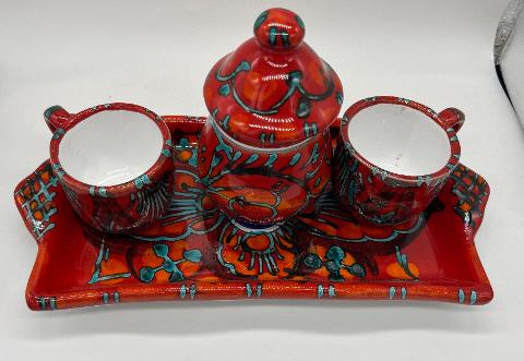 Tet a Tet servizio da caffè, due tazzine, zuccheriera e vassoio in ceramica Produzione artigianale Santo Stefano di Camastra Lunghezza 27cm
