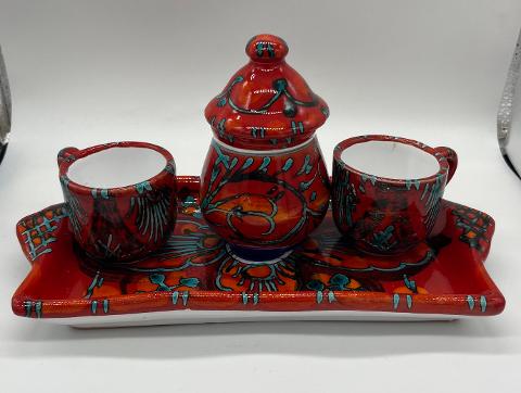 Tet a Tet servizio da caffè, due tazzine, zuccheriera e vassoio in ceramica Produzione artigianale Santo Stefano di Camastra Lunghezza 27cm