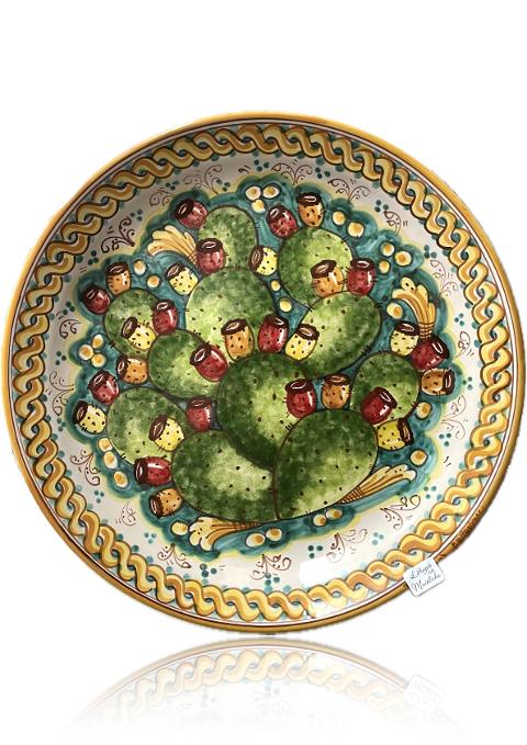 Piatto con fichi d'india in ceramica siciliana da parete Produzione artigianale di Caltagirone diametro 43cm