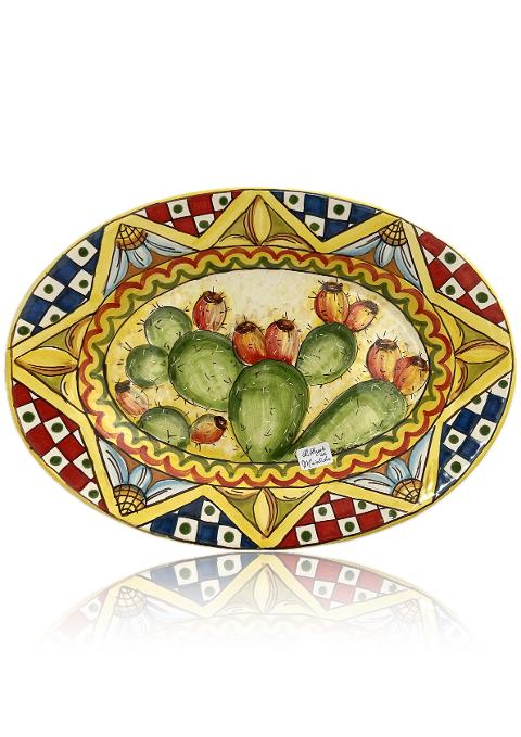 Piatto ornamentale decoro carretto ovale con fichi d'india Produzione artigianale Santo Stefano di Camastra lunghezza 40cm
