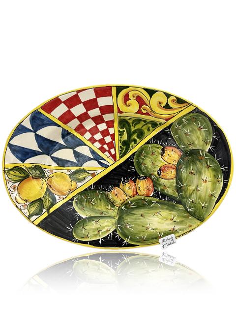 Piatto ornamentale ovale con fichi d'india e limoni Produzione artigianale Santo Stefano di Camastra lunghezza 40cm
